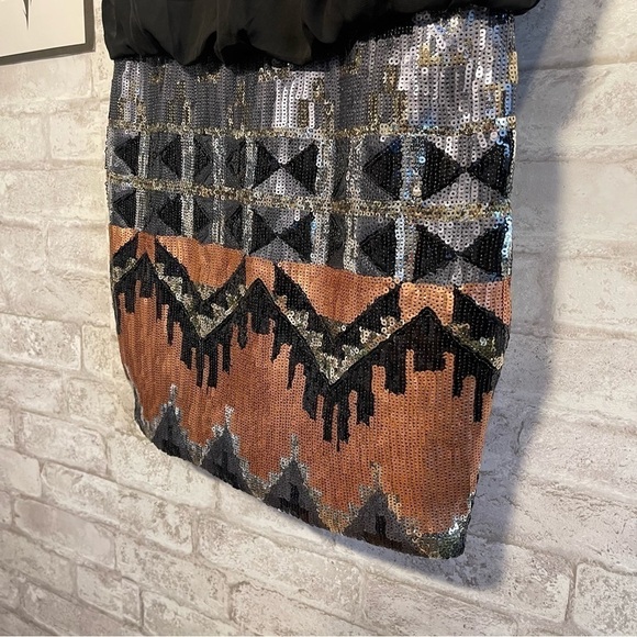 AS U WISH Black Sheer Sequin Gold Silver Aztec Geometric Mini Dress Size Medium - Picture 9 of 9